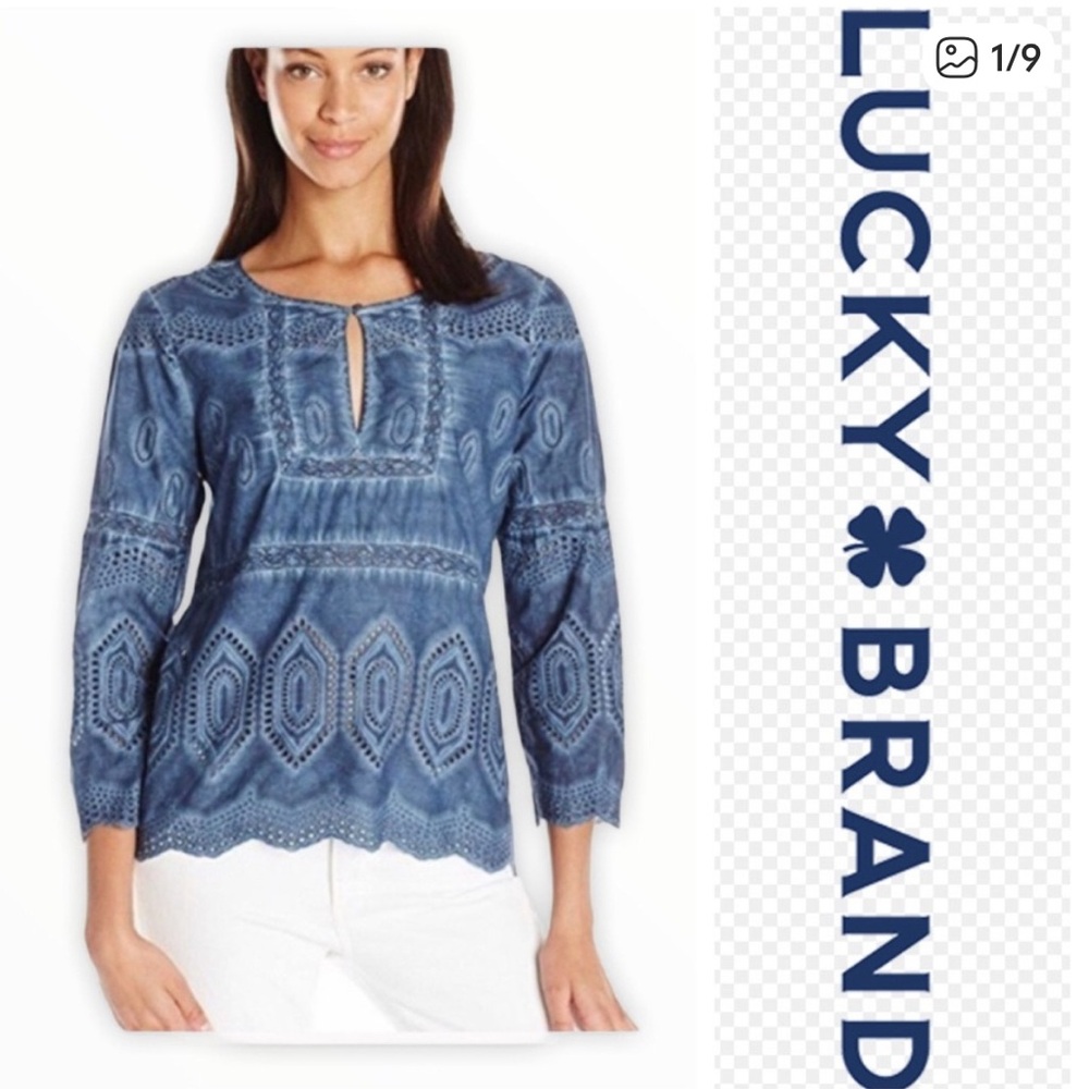 Lucky Brand Top Schiffly Eyelet Peasant Boho. Size M